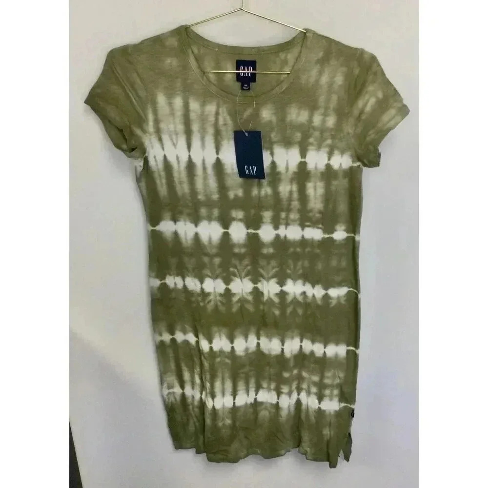 NWT Gap Womens Olive Green Striped Tie-Dye Short Sleeve T-Shirt Dress Size XS